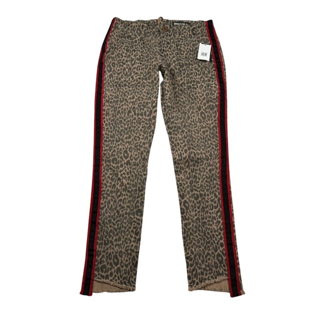 Pam & Gela Pants Women 29 Leopard Print Side Stripe Raw Hem Brown Red Tan